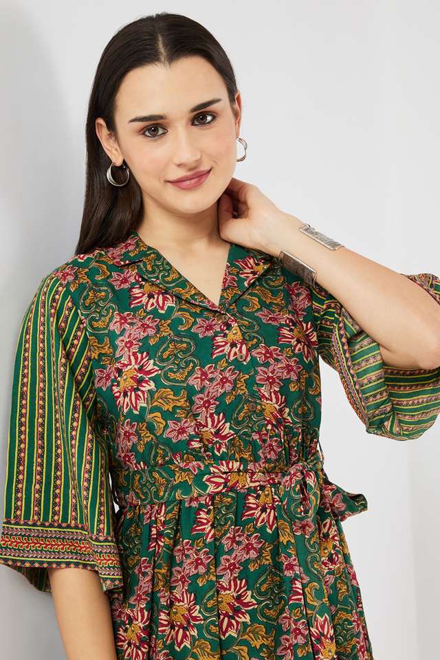 Buy Haute Curry green Printed Collared Blended Fabric Women Dress