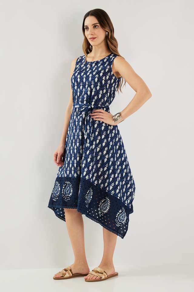 Printed-Blended-Fabric-Round-Neck-Women-s-Midi-Dress
