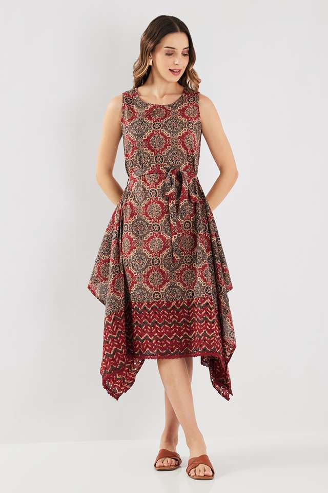 Printed-Blended-Fabric-Round-Neck-Women-s-Midi-Dress