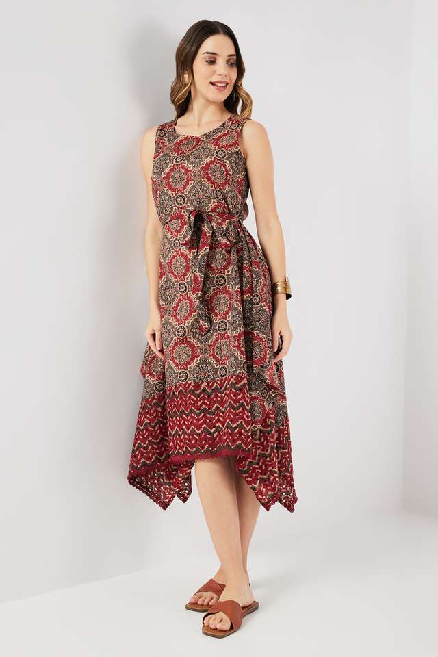 Printed-Blended-Fabric-Round-Neck-Women-s-Midi-Dress