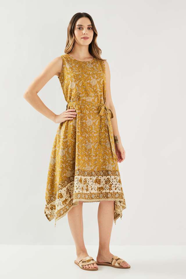 Printed-Blended-Fabric-Round-Neck-Women-s-Midi-Dress