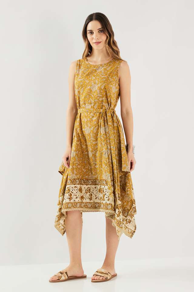 Printed-Blended-Fabric-Round-Neck-Women-s-Midi-Dress