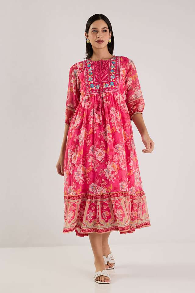 Printed-Blended-Fabric-Round-Neck-Women-s-Maxi-Dress
