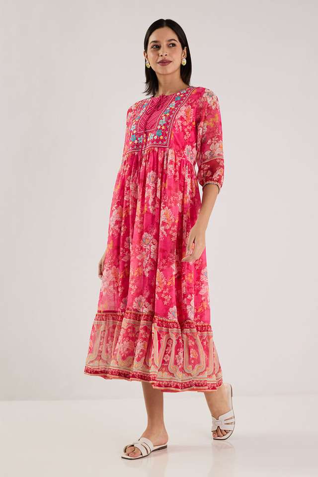 Printed-Blended-Fabric-Round-Neck-Women-s-Maxi-Dress