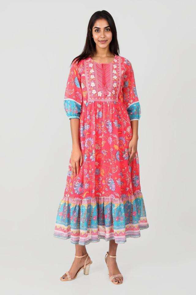 Printed-Blended-Fabric-Round-Neck-Women-s-Maxi-Dress