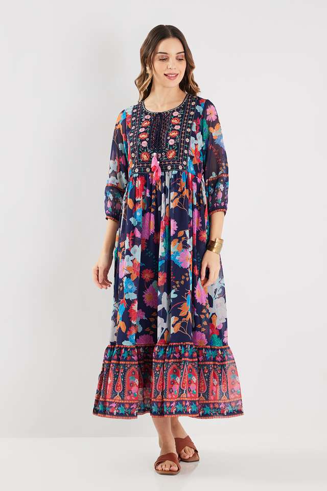 Printed-Blended-Fabric-Round-Neck-Women-s-Maxi-Dress