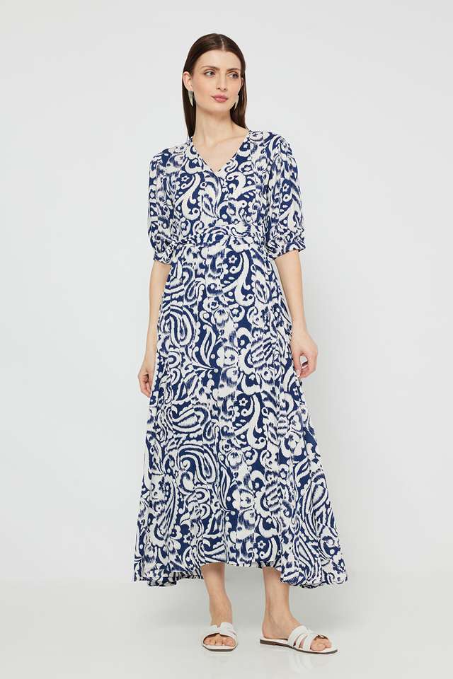 Printed-Blended-Fabric-V-Neck-Women-s-Maxi-Dress