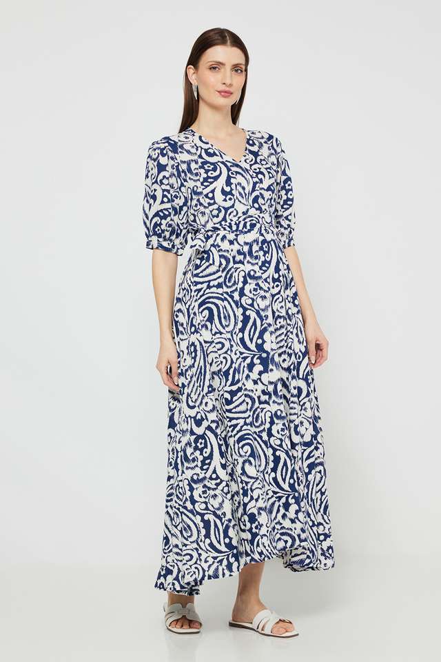 Printed-Blended-Fabric-V-Neck-Women-s-Maxi-Dress