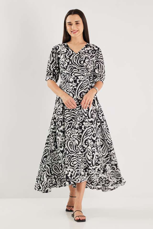 Printed-Blended-Fabric-V-Neck-Women-s-Maxi-Dress