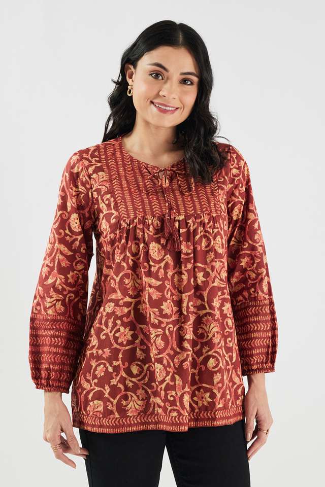 Printed-Blended-Fabric-Round-Neck-Women-s-Tunic