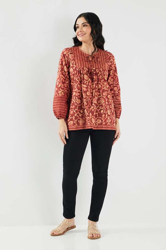 Printed-Blended-Fabric-Round-Neck-Women-s-Tunic