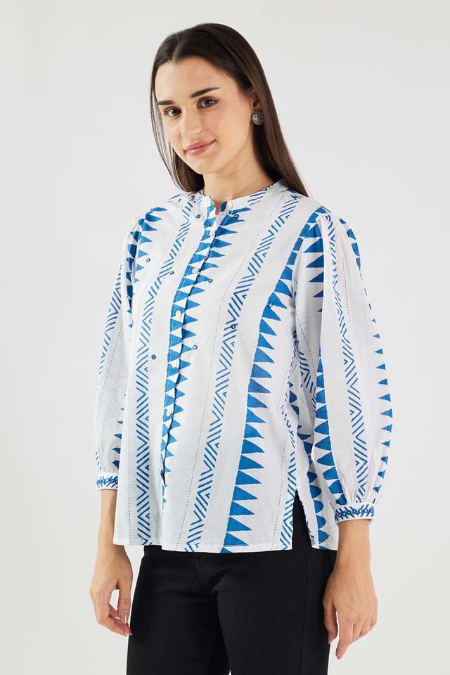 Printed-Blended-Fabric-Collared-Women-s-Tunic
