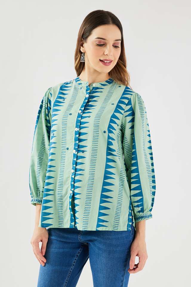 Printed-Blended-Fabric-Collared-Women-s-Tunic