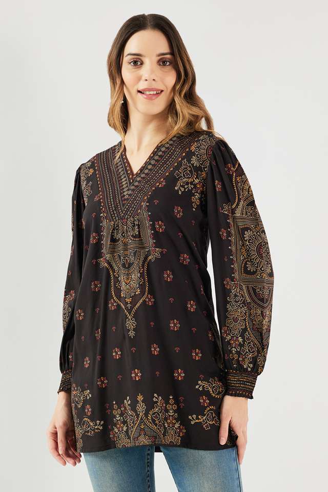Printed-Blended-Fabric-V-Neck-Women-s-Tunic