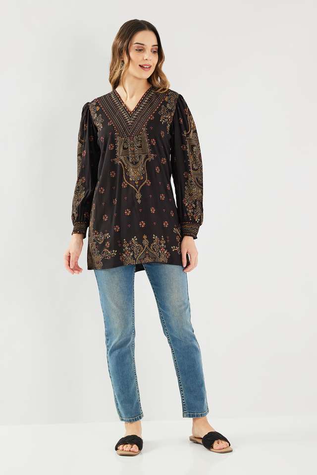 Printed-Blended-Fabric-V-Neck-Women-s-Tunic