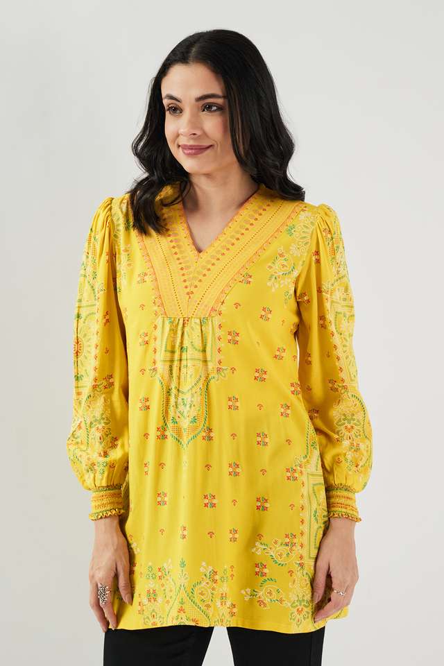 Printed-Blended-Fabric-V-Neck-Women-s-Tunic
