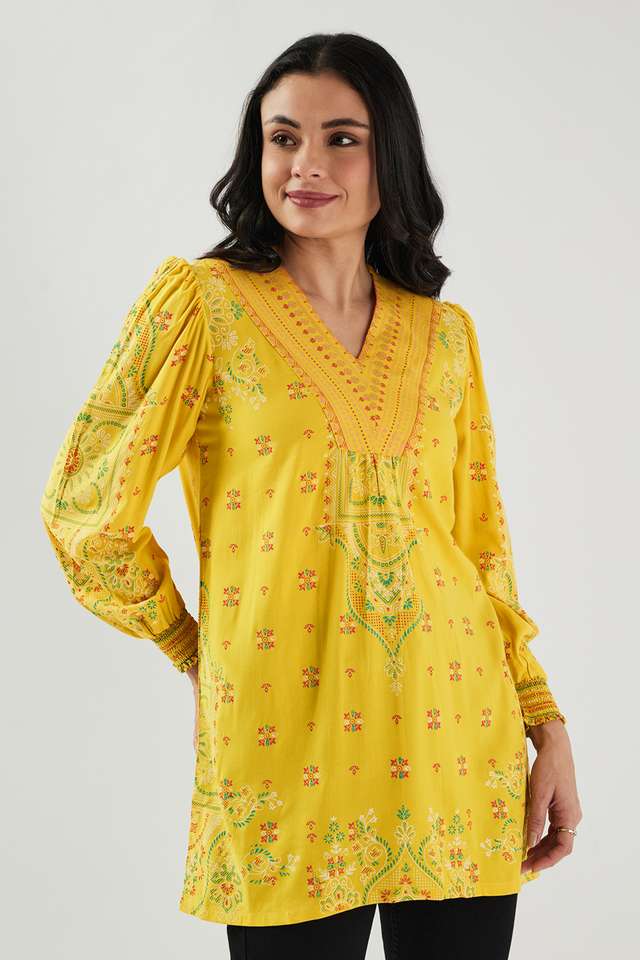 Printed-Blended-Fabric-V-Neck-Women-s-Tunic