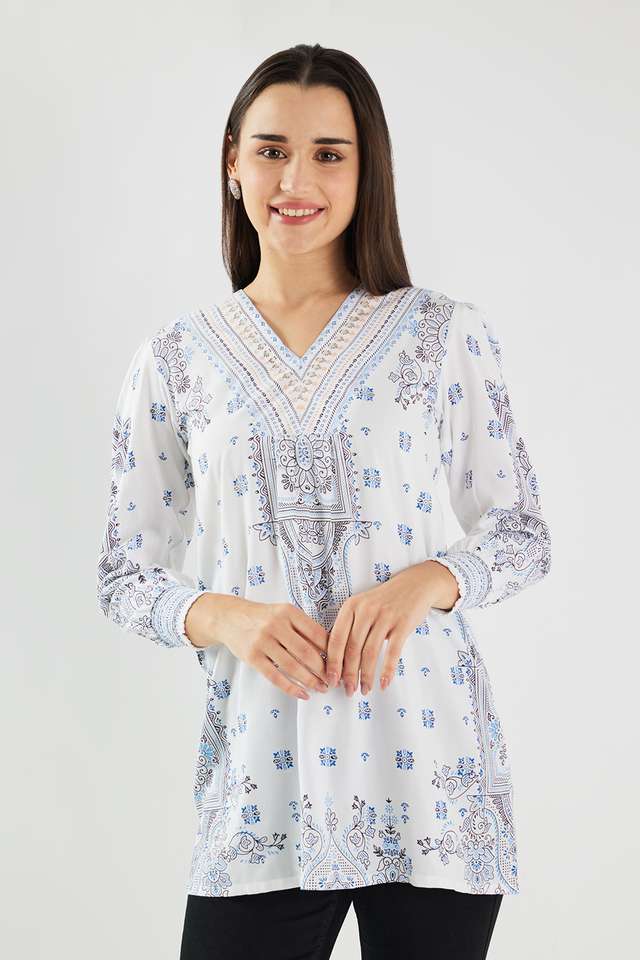 Printed-Blended-Fabric-V-Neck-Women-s-Tunic