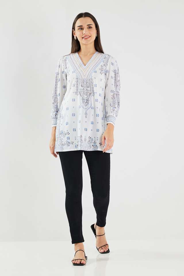 Printed-Blended-Fabric-V-Neck-Women-s-Tunic