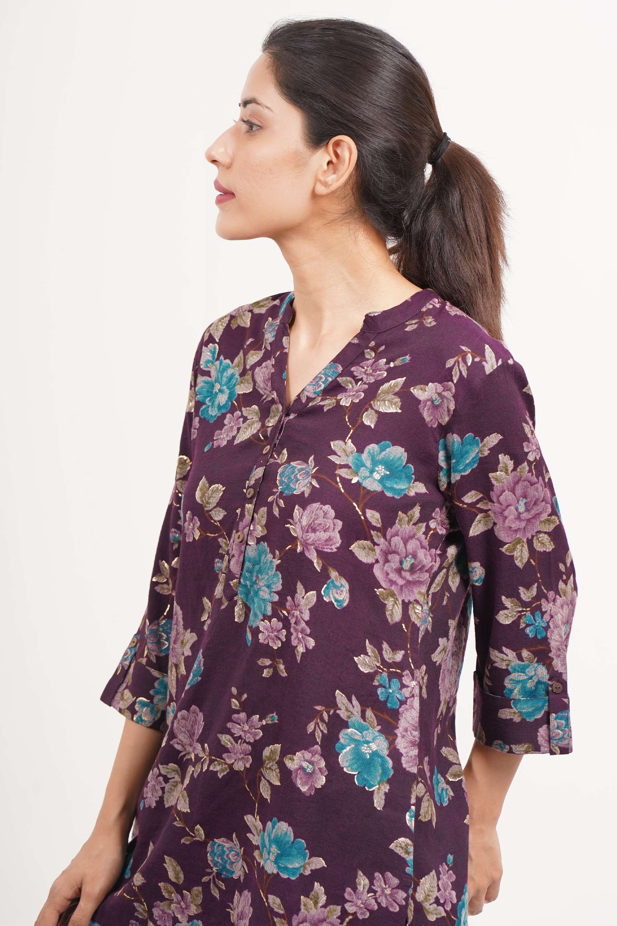 Floral-Blended-Fabric-Collared-Women-Casual-Wear-Tunic
