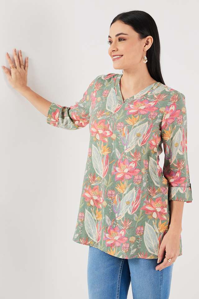 Printed-PV-Slub-V-Neck-Women-s-Tunic