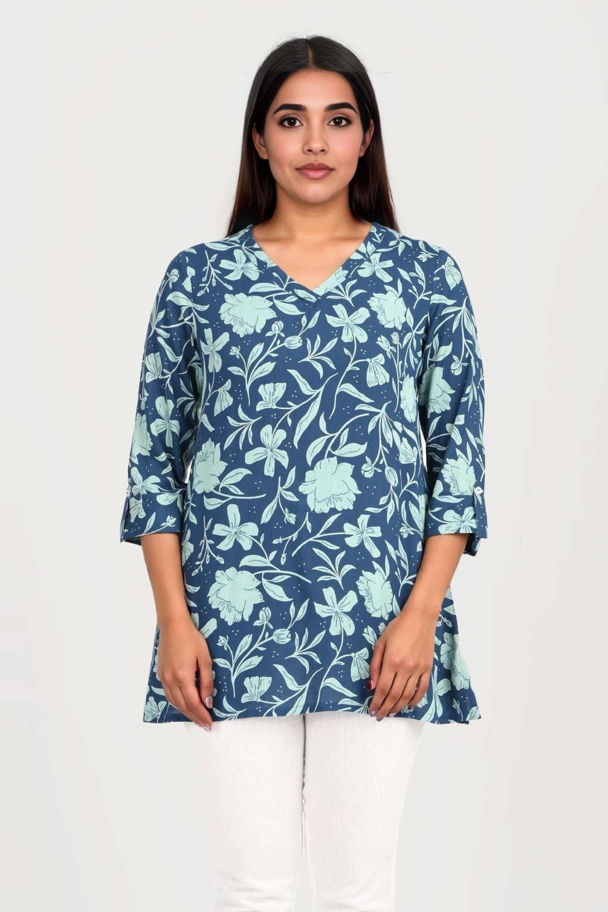 Printed-Blended-Fabric-V-Neck-Women-s-Tunic