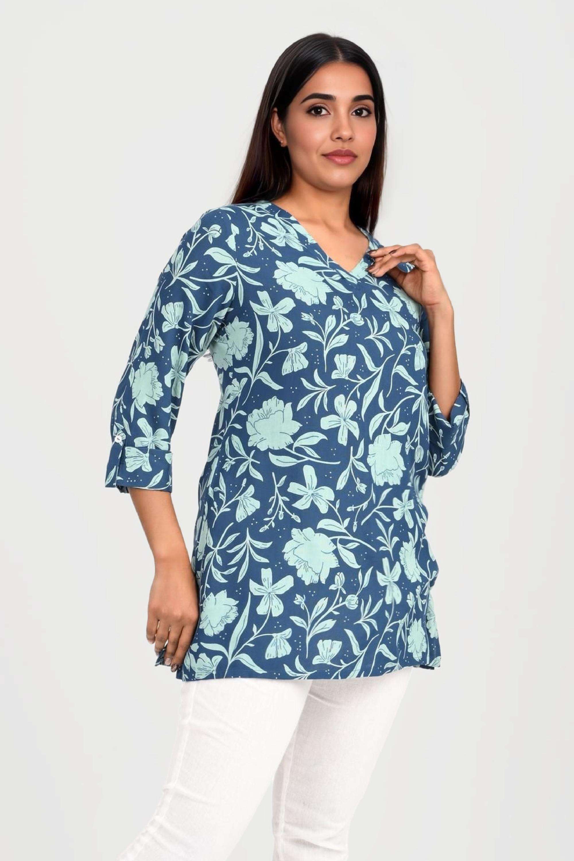 Printed-Blended-Fabric-V-Neck-Women-s-Tunic