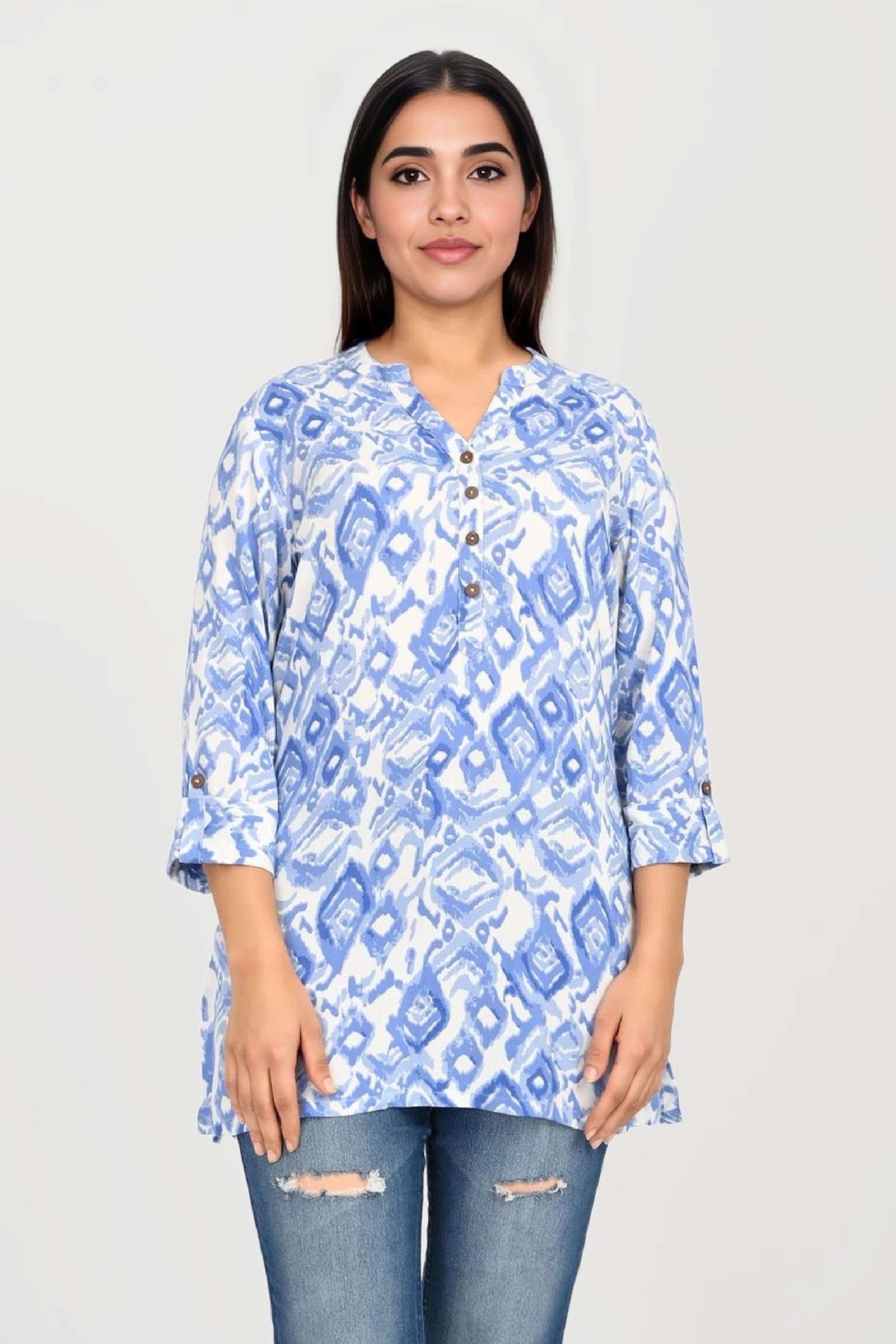 Printed-Blended-Fabric-Collared-Women-s-Tunic