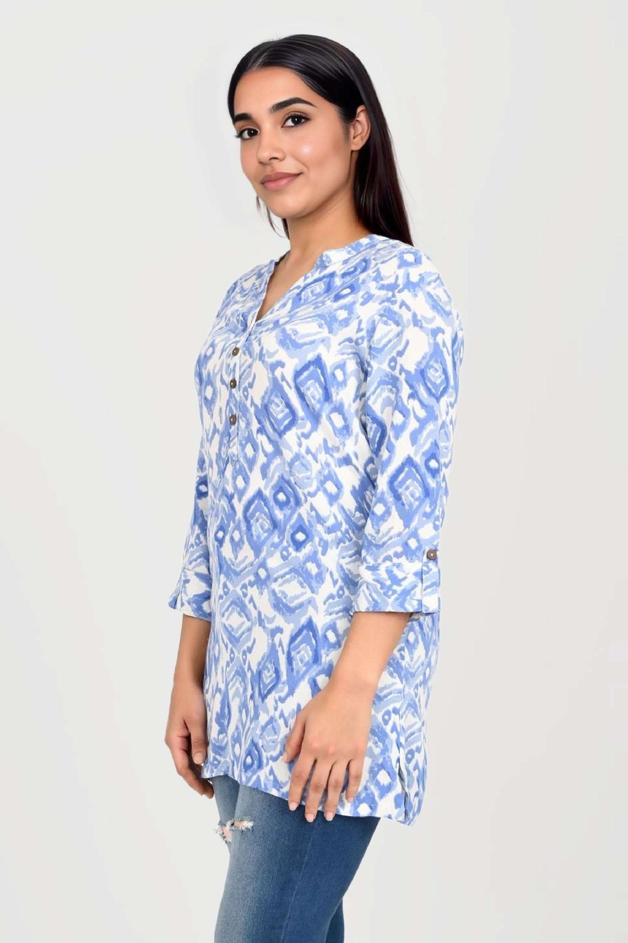 Printed-Blended-Fabric-Collared-Women-s-Tunic