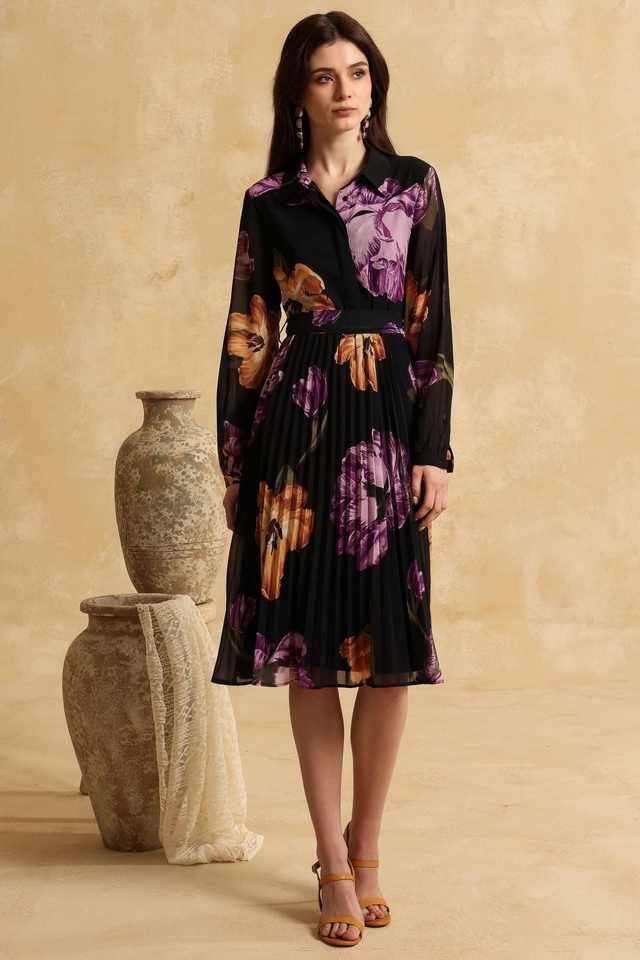 Printed-Polyester-Collared-Women-s-Midi-Dress