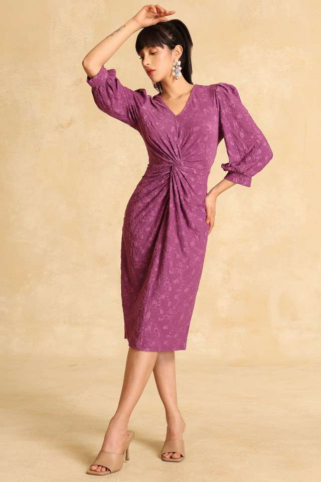 Textured-V-Neck-Polyester-Women-s-Mid-Thigh-Dress