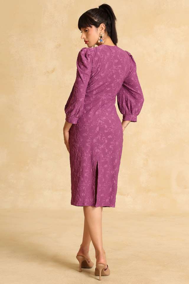 Textured-V-Neck-Polyester-Women-s-Mid-Thigh-Dress