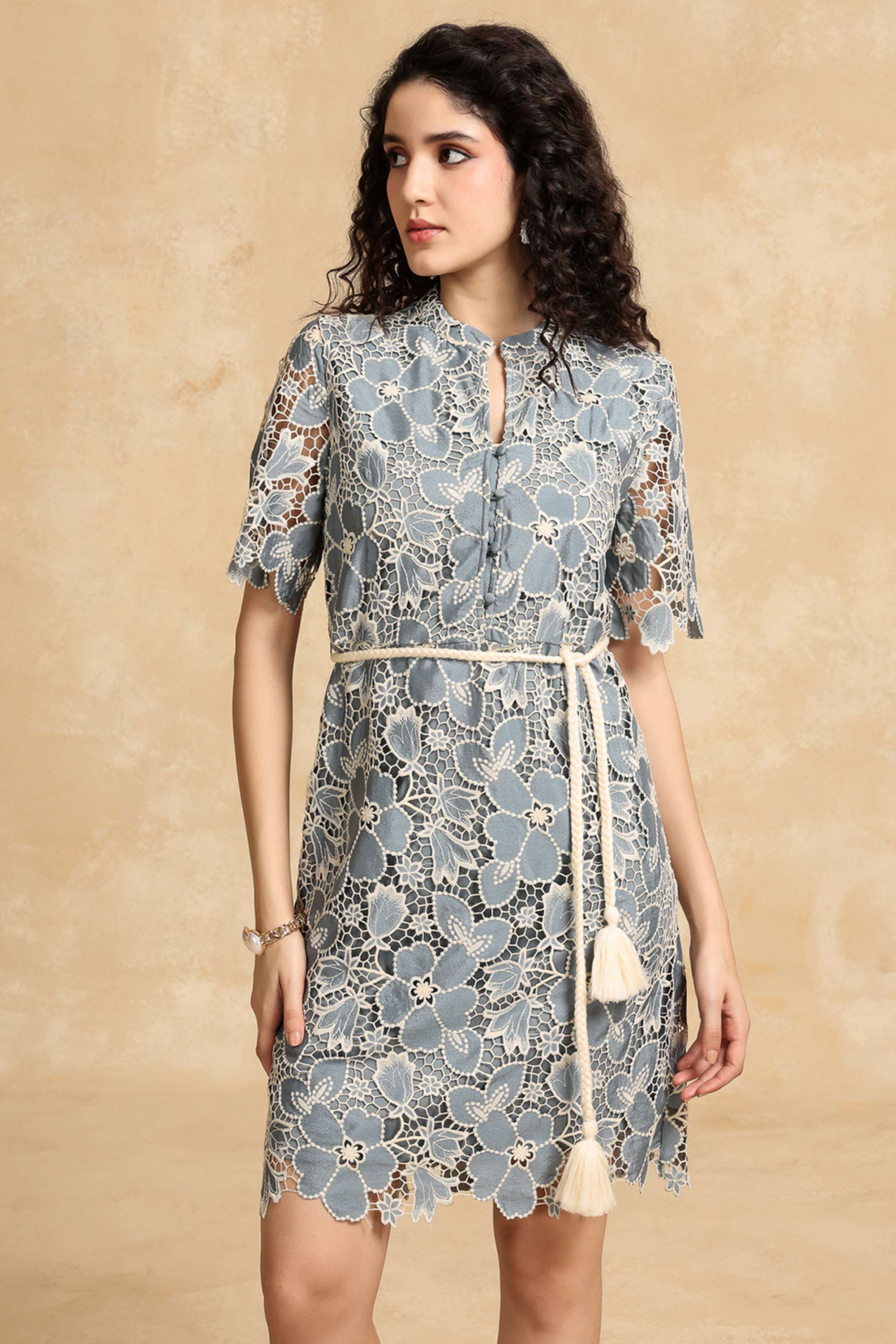 Textured-Polyester-Round-Neck-Women-s-Grace-Mini-Dress-with-Belt