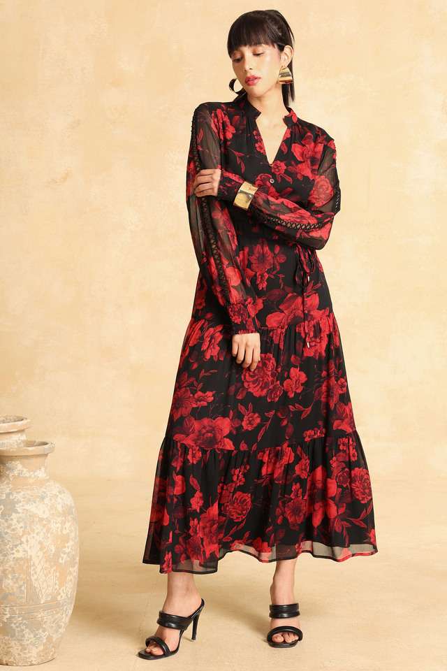 Floral-Choker-Neck-Chiffon-Women-s-Full-Length-Dress