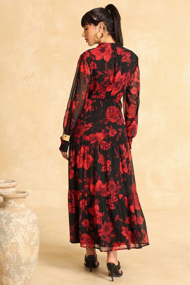 Floral-Choker-Neck-Chiffon-Women-s-Full-Length-Dress
