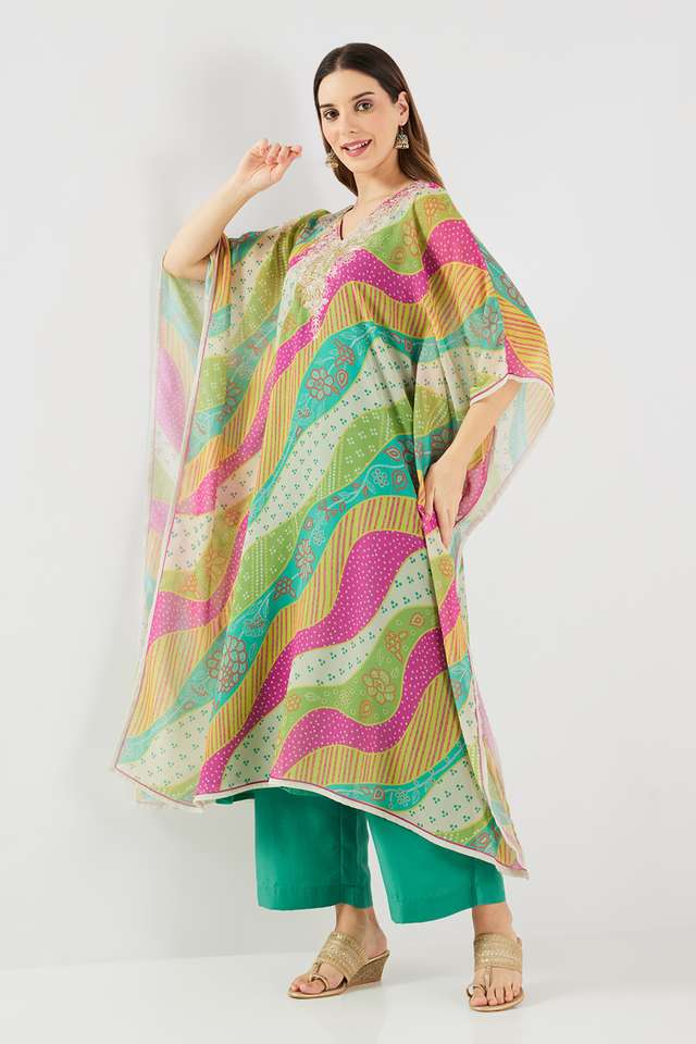 Embroidered-Poly-Georgette-V-Neck-Women-s-Casual-Wear-Kaftan