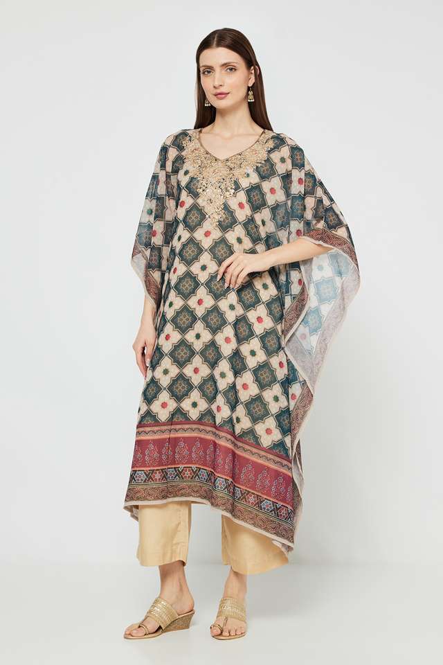 Embroidered-Poly-Georgette-V-Neck-Women-s-Casual-Wear-Kaftan
