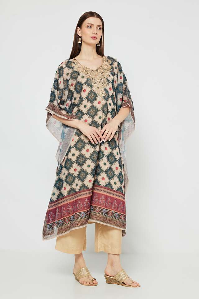 Embroidered-Poly-Georgette-V-Neck-Women-s-Casual-Wear-Kaftan
