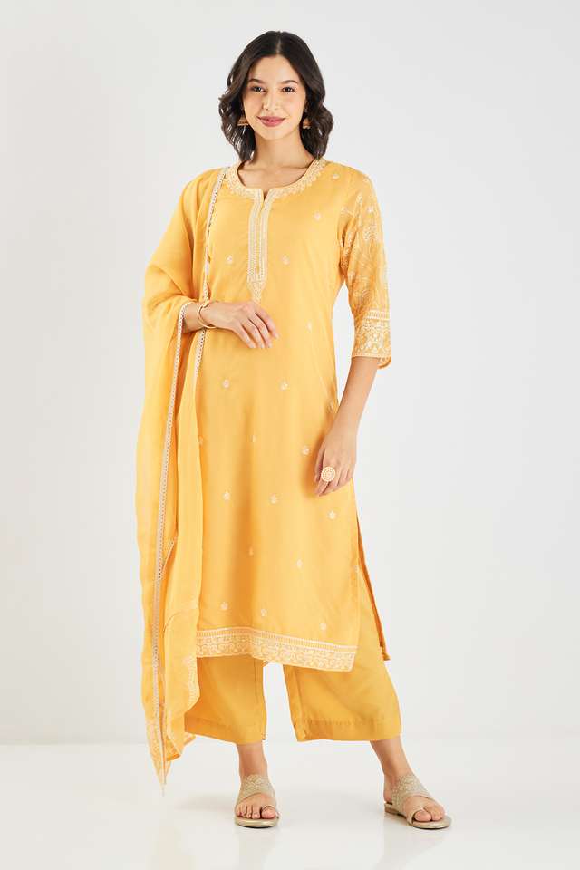 Embroidered-Calf-Length-Poly-Organza-Woven-Women-s-Kurta-Set