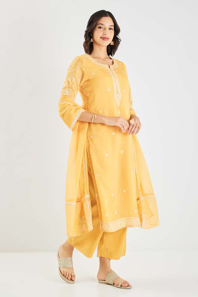 Embroidered-Calf-Length-Poly-Organza-Woven-Women-s-Kurta-Set