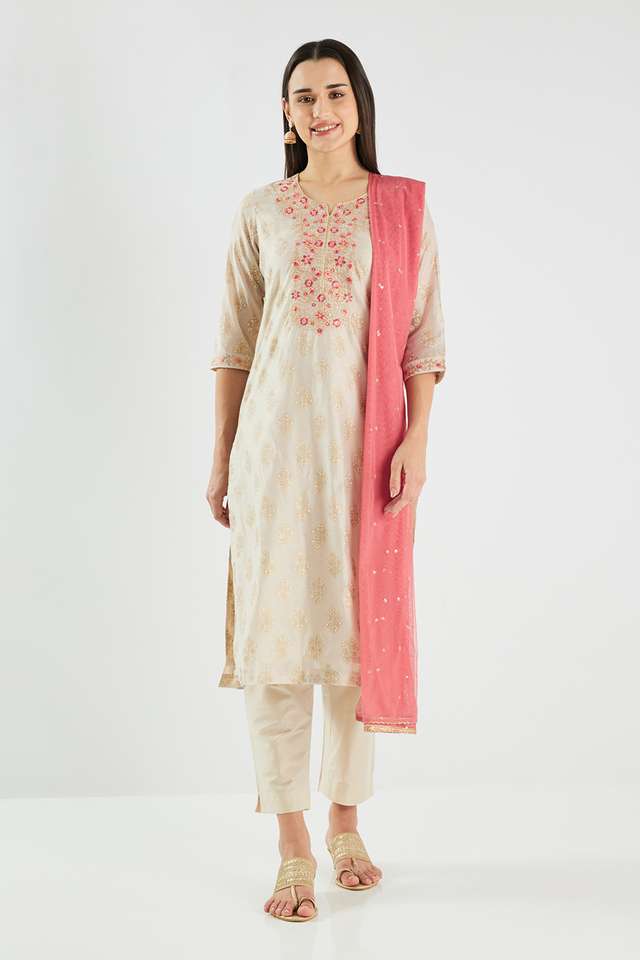 Embroidered-Calf-Length-Chanderi-Woven-Women-s-Kurta-Set