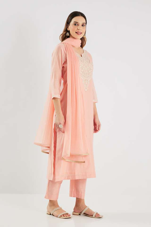 Embroidered-Calf-Length-Chanderi-Woven-Women-s-Kurta-Set