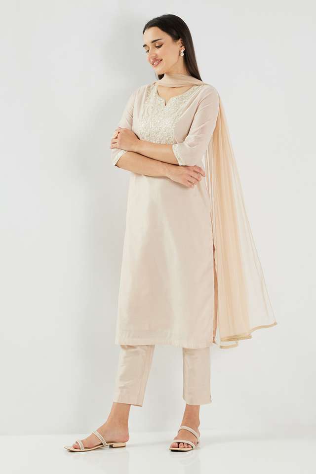 Embroidered-Calf-Length-Chanderi-Woven-Women-s-Kurta-Set