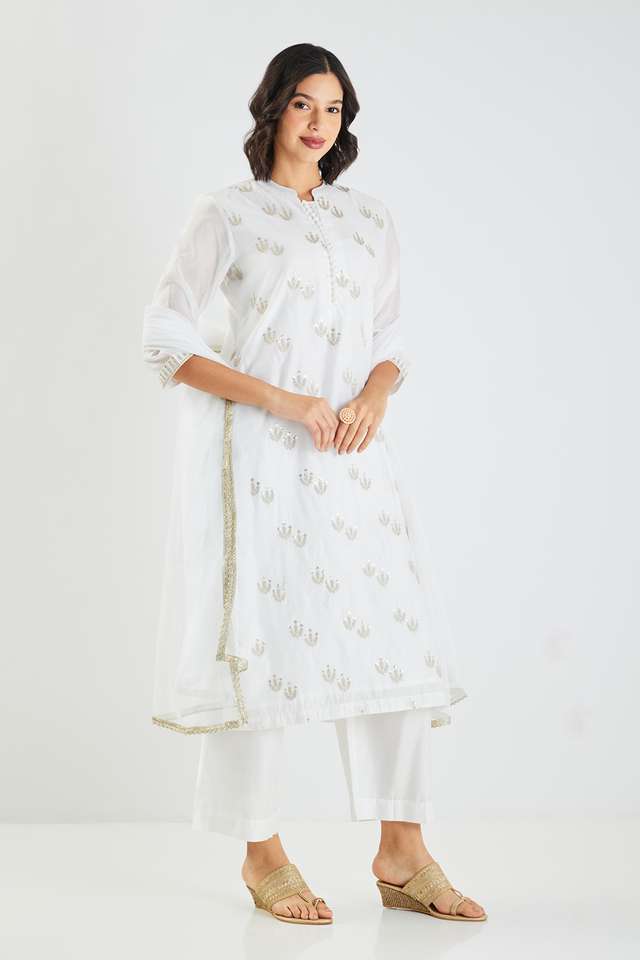 Embroidered-Calf-Length-Chanderi-Woven-Women-s-Kurta-Set