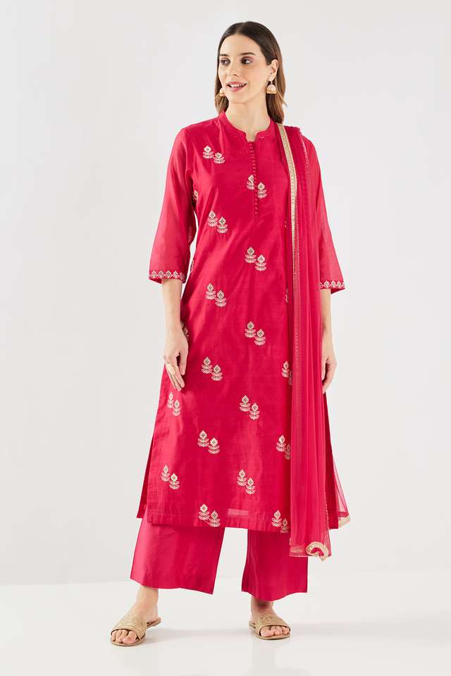 Embroidered-Calf-Length-Chanderi-Woven-Women-s-Kurta-Set