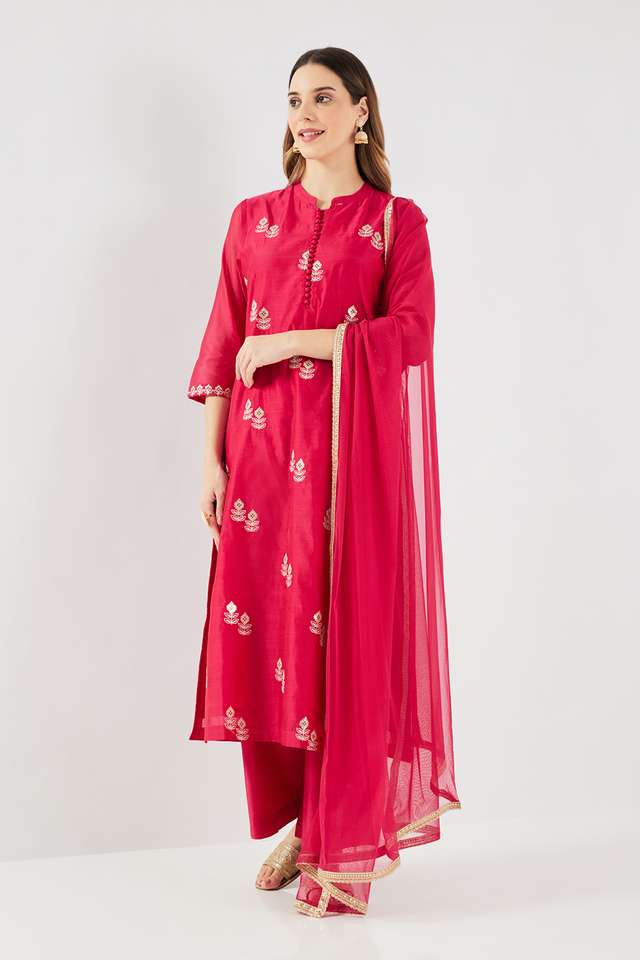 Embroidered-Calf-Length-Chanderi-Woven-Women-s-Kurta-Set