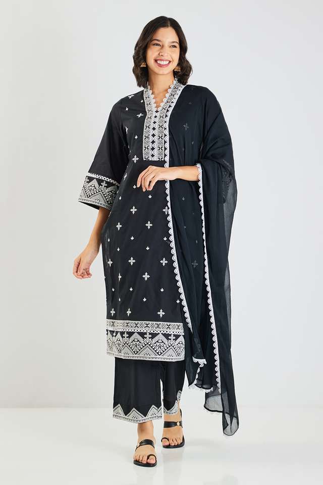 Embroidered-Calf-Length-Cotton-Woven-Women-s-Kurta-Set