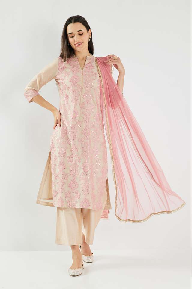 Embroidered-Calf-Length-Chanderi-Woven-Women-s-Kurta-Set