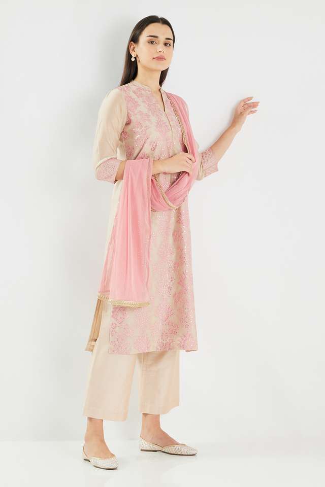 Embroidered-Calf-Length-Chanderi-Woven-Women-s-Kurta-Set