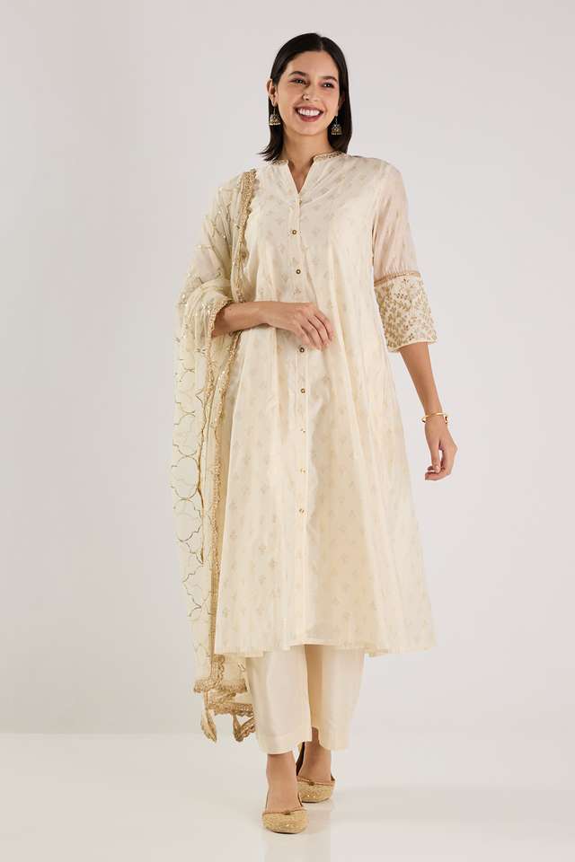 Embroidered-Calf-Length-Chanderi-Woven-Women-s-Kurta-Set